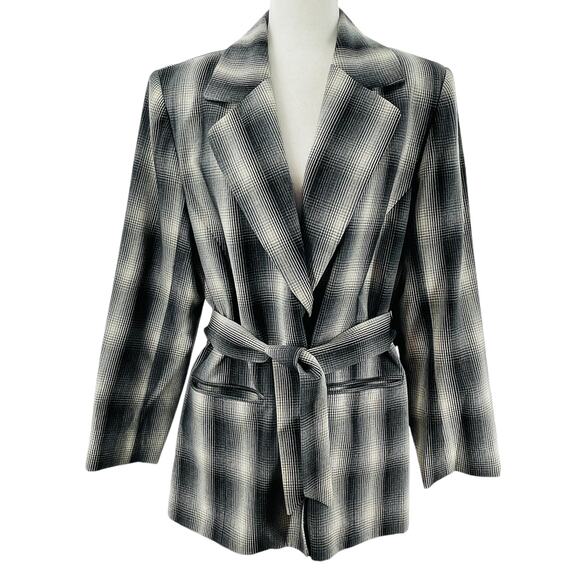 Ports International Vintage Black Gray Ombre Plaid Long Belted Jacket 10 - Picture 1 of 12